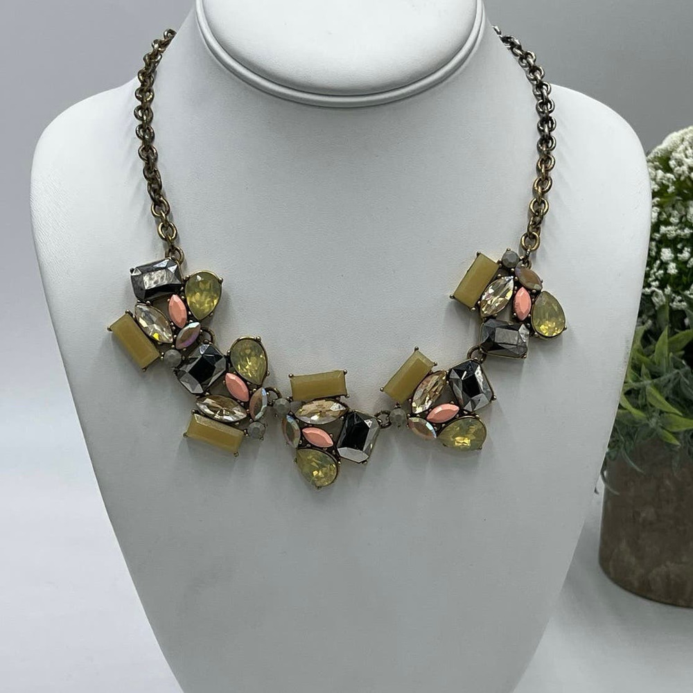 J. Crew Brass Gold Tone Pink Green Gray Beige Opalescent Rhinestone Necklace‎